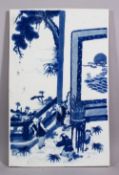 A CHINESE BLUE & WHITE PORCELAIN TILE - the tile decorated with scenes of boys playing in a