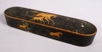 AN ISLAMIC QAJAR WOODEN PEN BOX, with decoration of horses, 24.5cm wide.
