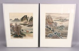 A PAIR OF 19TH / 20TH CENTURY CHINESE PAINTED SILK LANDSCAPE PICTURES, each depicing a native