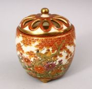 A GOOD JAPANESE MEIJI / TAISHO PERIOD SATSUMA CERAMIC KORO, the koro decorated with typical orange