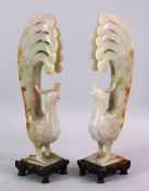 A PAIR OF CHINESE CARVED JADE FIGURES OF PEACOCKS, both with their tails aloft, on hardwood