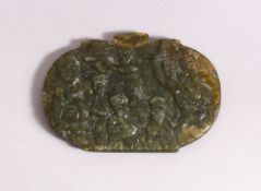 A PERSIAN QAJAR CARVED JADE PENDANT - carved with seated figures 8cm x 5cm