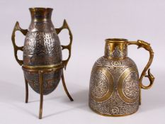 TWO FINE 19TH CENTURY DAMASCUS SILVER INLAID MAMLUK REVIVAL VESSELS, with roundel decoration