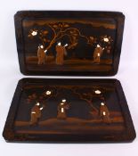 A PAIR OF JAPANESE MEIJI PERIOD IVORY & LACQUER PANELS, each depicting figures amongst native flora,
