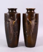 A PAIR OF JAPANESE MEIJI PERIOD BRONZE & MIXED METAL COCKEREL VASES, the mirrored pair of vases