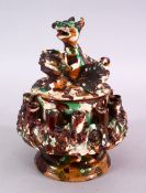 A 19TH CENTURY OTTOMAN TURKISH CANAKKALE TOBACCO BOX WITH A LION FORMED LID, the lion holding a