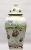 A LARGE 20TH CENTURY CHINESE PORCELAIN LIDDED URN - NAUTICAL EUROPEAN SCENES, the body of the