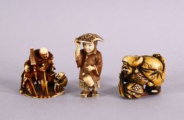 THREE JAPANESE MEIJI PERIOD CARVED IVORY NETSUKE - One depicting a lady holding her hat on, inset