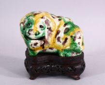 A CHINESE SANCAI GLAZED POTTERY ROSE WATER DROPPER FIGURE, depicting a mythical beast, upon its