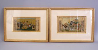 A GOOD PAIR OF 18TH / 19TH CENTURY INDIAN MUGHAL MINIATURE PAINTINGS, framed, one depicting