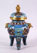 A 19TH / 20TH CENTURY CHINESE CLOISONNE INCENSE BURNER & COVER, decorated with a blue ground with