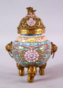 A FINE QUALITY 19TH / 20TH CENTURY CHINESE ENAMEL INCENSE BURNER & COVER, decorated with cafe au