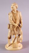 A JAPANESE MEIJI PERIOD CARVED IVORY OKIMONO OF A WOOD CUTTER, the man stood with his axe in
