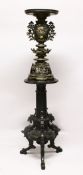 A LARGE JAPANESE MEIJI PERIOD SECTIONAL BRONZE & MIXED METAL INLAID VASE & HARDWOOD STAND, The