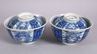 A PAIR OF 19TH CENTURY CHINESE BLUE & WHITE PORCELAIN TEA BOWLS & COVERS, with panel decoration of
