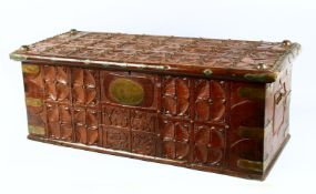 A GOOD 19TH CENTURY ISLAMIC WOODEN CALLIGRAPHIC COFFER, the coffer with brass bound decoration and