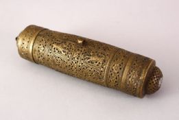 AN INDIAN BRASS OPEN WORKED CYLINDRICAL BRASS CONTAINER, the body with openwork decoration with