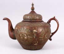 A GOOD ISLAMIC PERSIAN BRONZE INLAID SILVER CALLIGRAPHY COFFEE POT, the body with calligraphy and