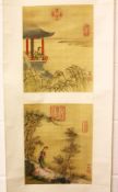A CHINESE SCROLL PAINTING ON SILK OF FIGURES IN BALCONY'S - LENG MEI - the scroll with two paintings