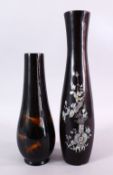 TWO CHINESE 19TH / 20TH CENTURY INLAID MOTHER OF PEARL & PAINTED LACQUER VASES, the larger inlaid