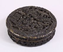 A 19TH CENTURY CHINESE CARVED TORTOISE SHELL BOX & COVER, both sides carved with scenes of figures