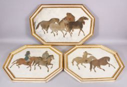 THREE 19TH CENTURY CHINESE FRAMED HORSE PAINTINGS ON SILK, The horses and figures cut out and then