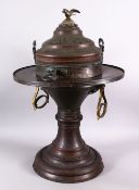 A 19TH CENTURY TURKISH MANGAL BRONZE INCENSE BURNER AND COVER, with two sets of twin handles, and