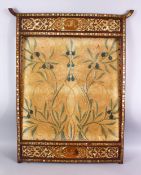 A LARGE MOTHER OF PEARL INLAID WOOD FIRE SCREEN - WITH AN EMBROIDERED NOVEAU STYLE PANEL, 89cm