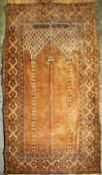 A 19TH CENTURY ISLAMIC WOVEN MOSQUE HANGING PRAYER RUG / CARPET, decorated with calligraphy and