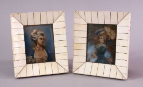 A NICE PAIR OF CARVED IVORY PHOTO FRAMES - each with painted European figures, on possibly ivory