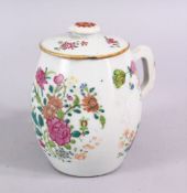 AN 18TH CENTURY CHINESE FAMILLE ROSE PORCELAIN TANKARD & COVER, decorated with native floral