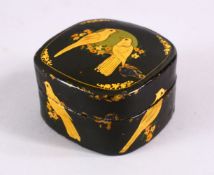 A 19TH / 20TH CENTURY PERSIAN LACQUER LIDDED BOX, decorated with birds and flora, 6cm