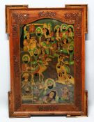 A LARGE ISLAMIC PERSIAN REVERSE PAINTED GLASS PANEL - BATTLE SCENE - SIGNED - the reverse glass