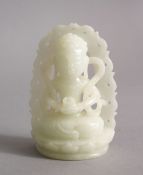 A GOOD CHINESE CARVED WHITE JADE FIGURE OF BUDDHA / DEITY, seated holding a cup, 8cm