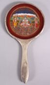 A 19TH CENTURY SILVER CASED MIRROR - PAINTED INDIAN INSERT - The mirror with no glass, replaced with