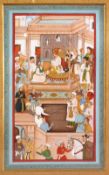 A 19TH / 20TH CENTURY PERSIAN MUGHAL PAINTED MINIATURE, depicting many figures before a prince, 46cm