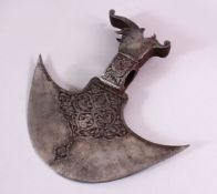 A FINE 19TH CENTURY PERSIAN QAJAR GOLD INLAID ENGRAVED STEEL AXE HEAD, with carved figures and