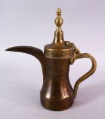 A 19TH CENTURY TURKISH OTTOMAN BRASS COFFEE POT, with keyed decoration and signed seal, 24cm