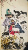 A CHINESE SCROLL PAINTING OF UGGHER WOMEN & SHEEP - HUANG ZHOU, signed and dated Huang Zhou 1972