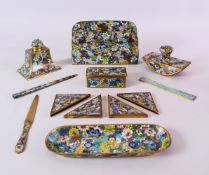 A CHINESE CLOISONNE TWELVE PIECE DESK SET, Comprising a letter rack, inkwell, letter opener,