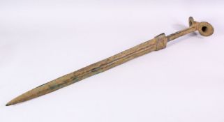 A LARGER EARLY LURISTAN BRONZE SWORD, with a moulded top, 80cm