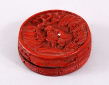 A 19TH CENTURY CHINESE CINNABAR LACQUER BOX & COVER, carved with a figure in a landscape, 4.5cm