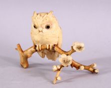 A JAPANESE MEIJI PERIOD CARVED OKIMONO OF AN OWN ON A BRANCH, possibly part of a larger group, the