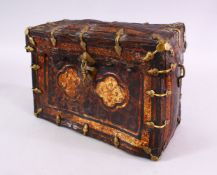 A RARE 16TH / 17TH CENTURY TIBETAN BRASS MOUNTED LACQUERED LEATHER LIDDED BOX, with metal mounts and