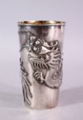 A 19TH CENTURY CHINESE SILVER DRAGON BEAKER, with on laid silver dragon decoration, the base with an