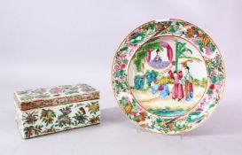 TWO 19TH CENTURY CHINESE CANTON FAMILLE ROSE PORCELAIN ITEMS, A lidded box & cover, decorated with
