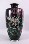 A LARGE JAPANESE MEIJI PERIOD SILVER IRE CLOISONNE VASE - decorated with a display of native