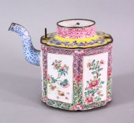 A 19TH CENTURY CHINESE ENAMEL TEA POT, with panel decoration of birds and flora, the base with