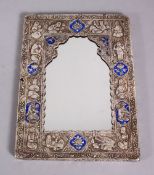 A GOOD 19TH CENTURY SILVER & ENAMEL MIRROR, with embossed decoration of seated figures, 22cm x 16cm