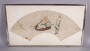 A 19TH CENTURY CHINESE FRAMED PAINTED PAPER FAN - BUDDHA, depicting a seated buddha seated upon a